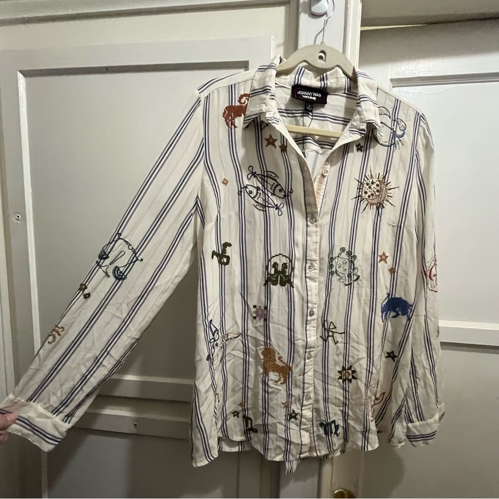 Johnny Was ARIANA BUTTON BACK striped silk shirt with zodiac embroidery size sm - Picture 13 of 16